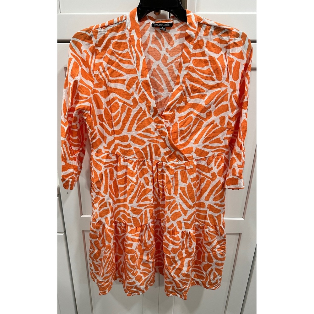 Rachel Zoe Dress Women's Size S Orange White Print 3/4 Sleeve Tiered Mini